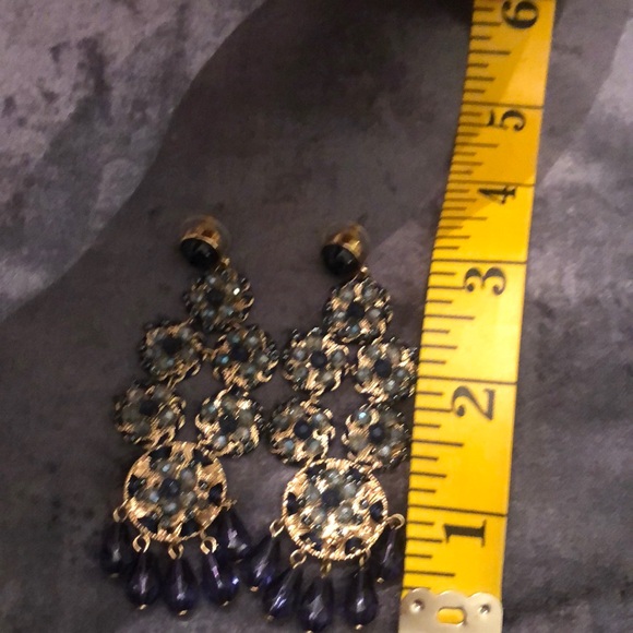 Elegant Gold and Blue Chandelier Earrings - Picture 2 of 6